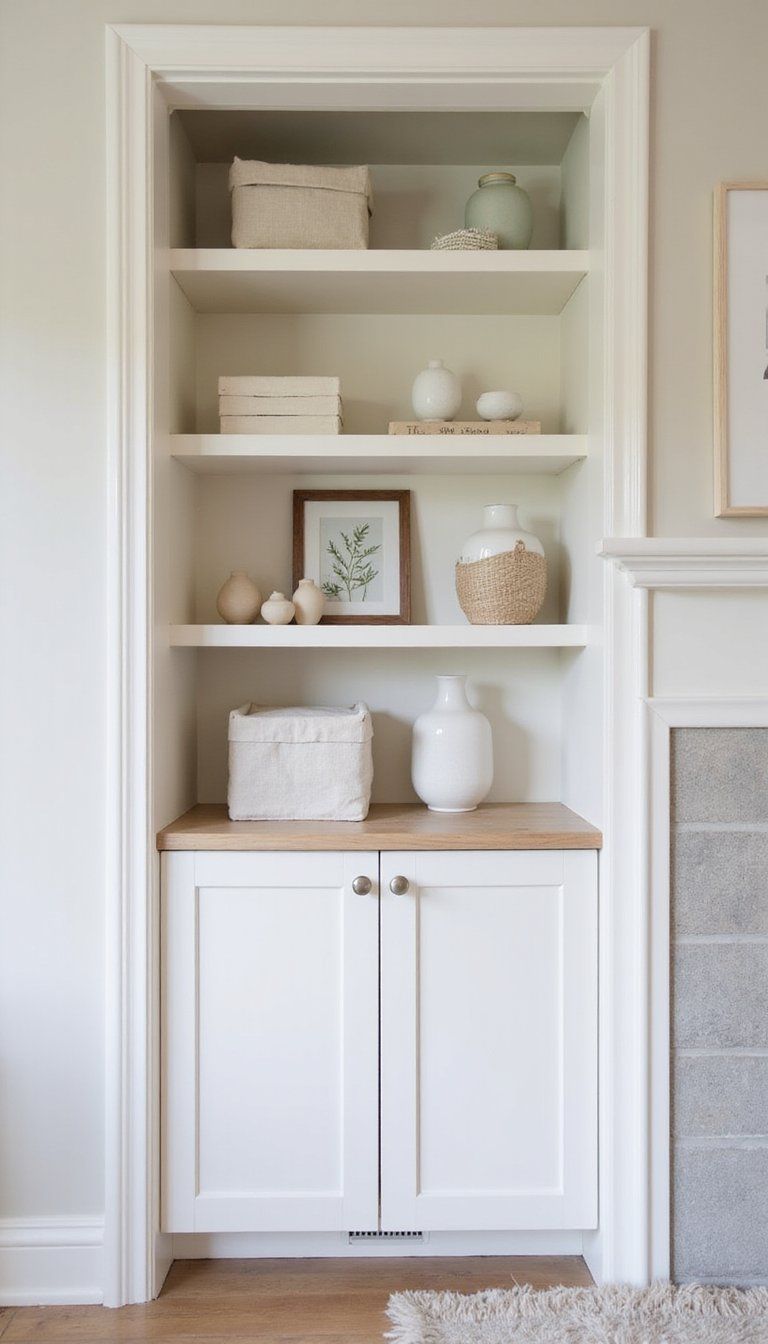 Neutral Toned Built-In Shelving With Art Focus