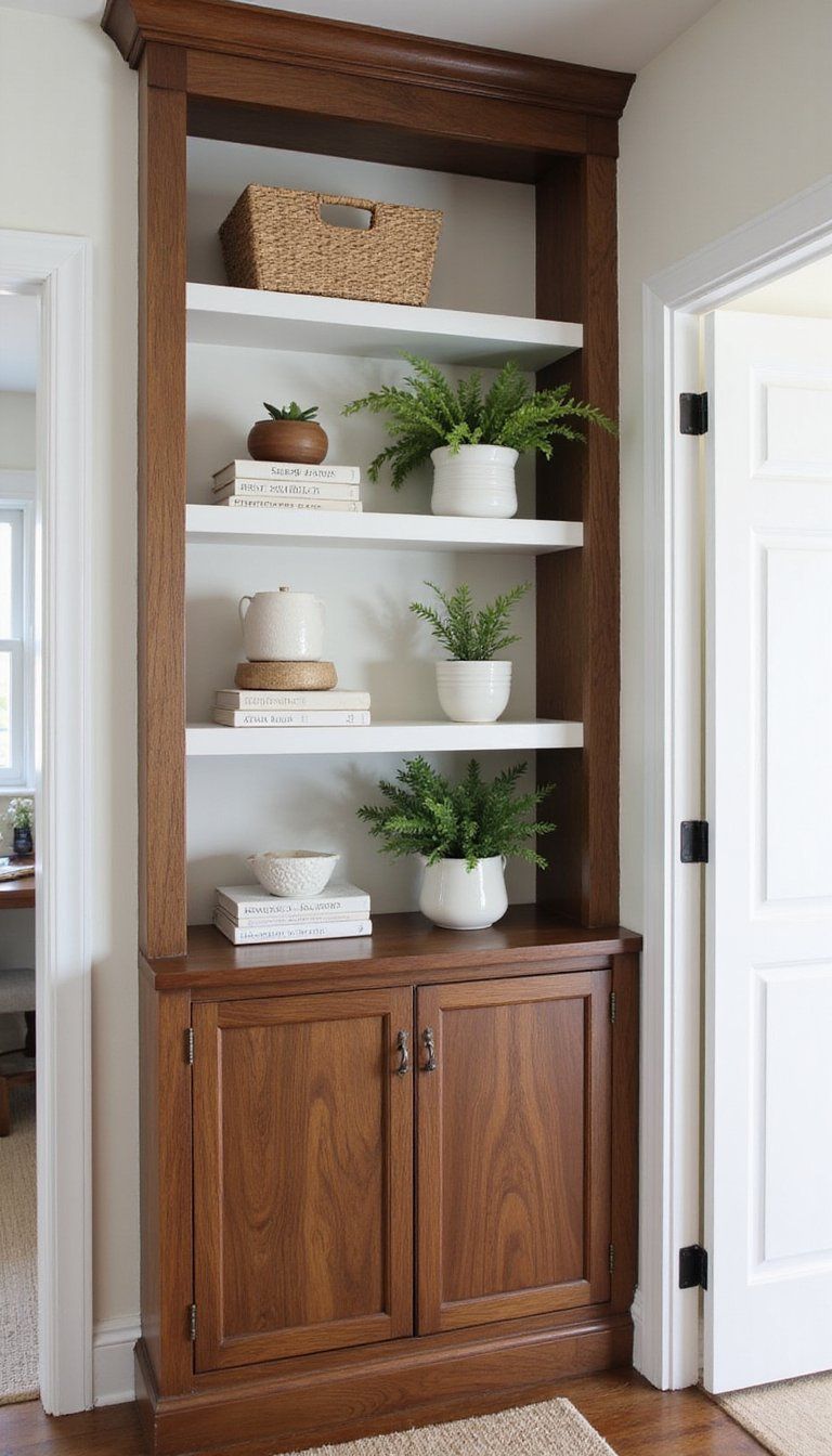 Open Shelves Framed By Wood Paneling