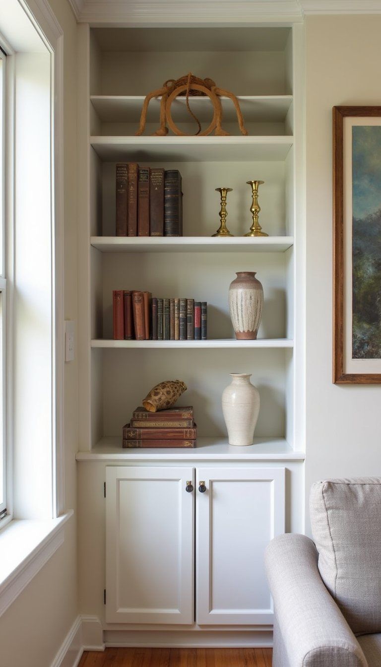 Vintage Finds Styled On Built-In Shelves