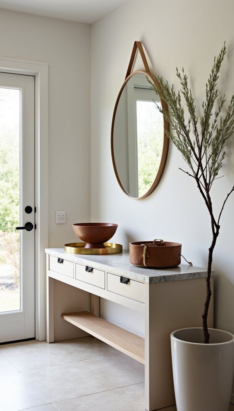 Marble Tile Console Top With Brass Tray Details