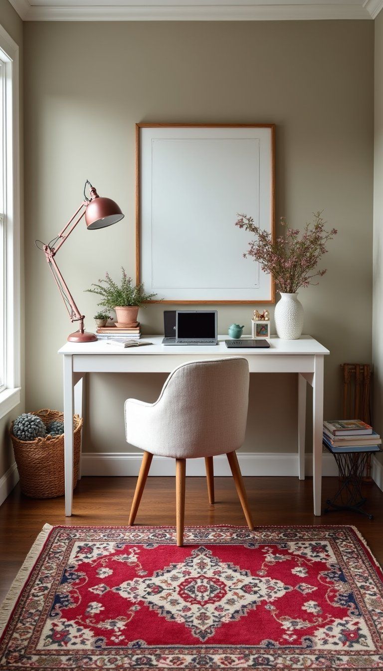 Statement Rug Anchoring A Small Workspace