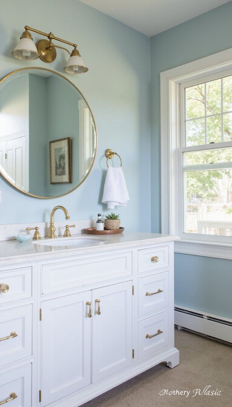 Brass Maritime Light Fixtures Above Vanity Mirror