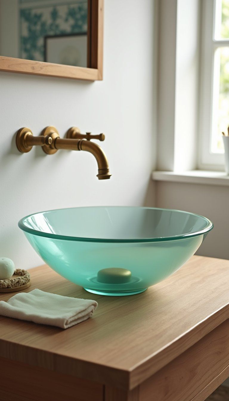 Glass Vessel Sink Evoking Sea Glass Glow