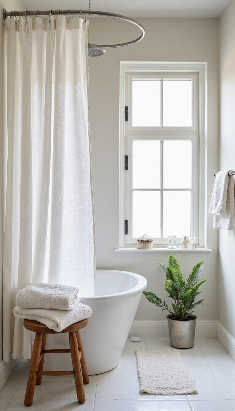 Linen Shower Curtain And Hammam Towels For Airy Feel