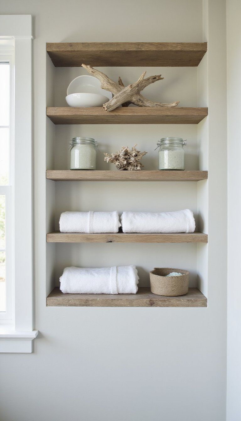 Open Floating Shelves Styled With Beach Finds