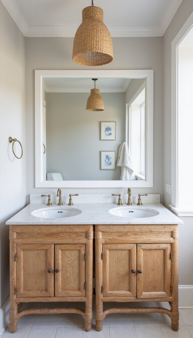 Rattan Vanity With Marble Top And Brass Hardware