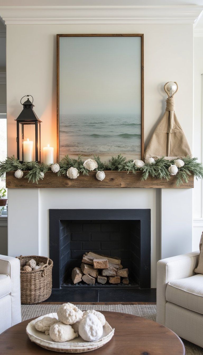 Driftwood Mantel Styled With Shells And Lanterns
