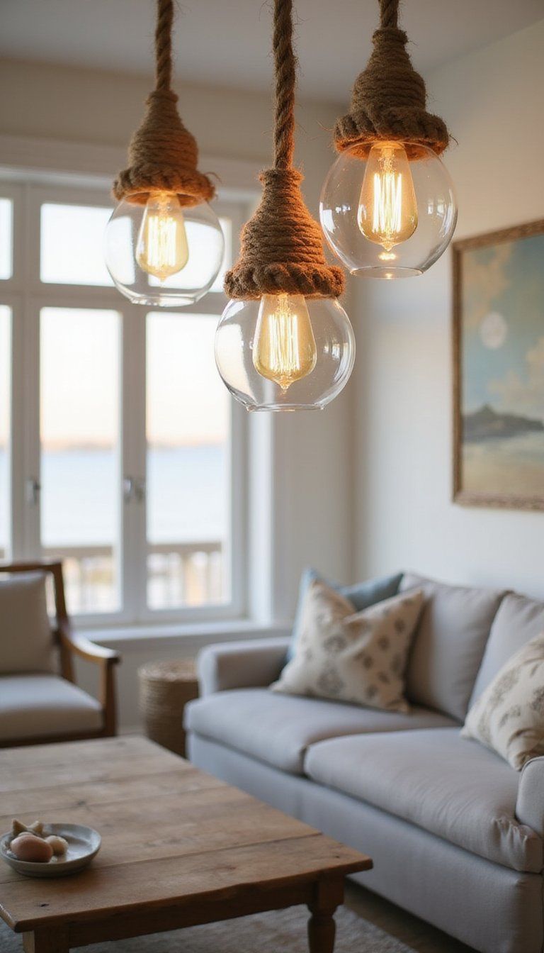 Glass And Rope Pendant Lights Over Seating Area