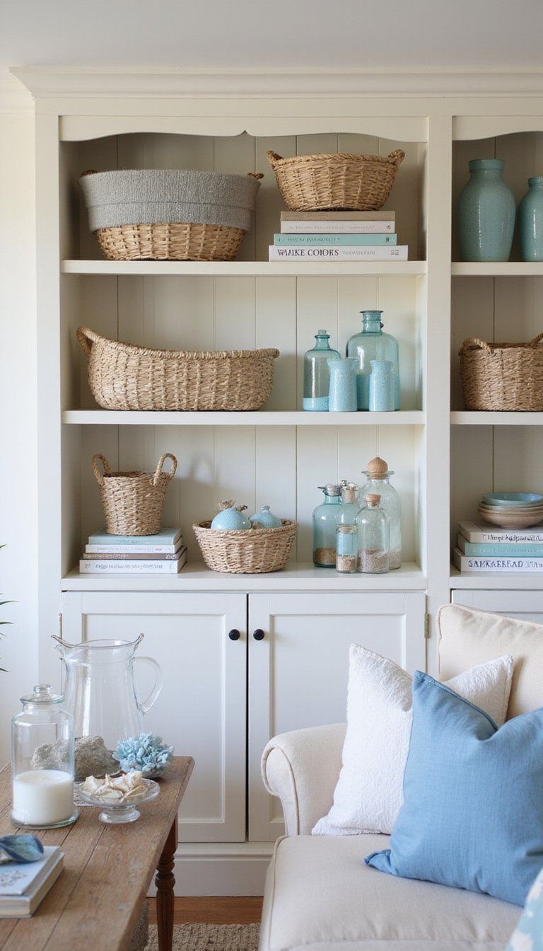 Open Shelving Styled With Coastal Finds And Books