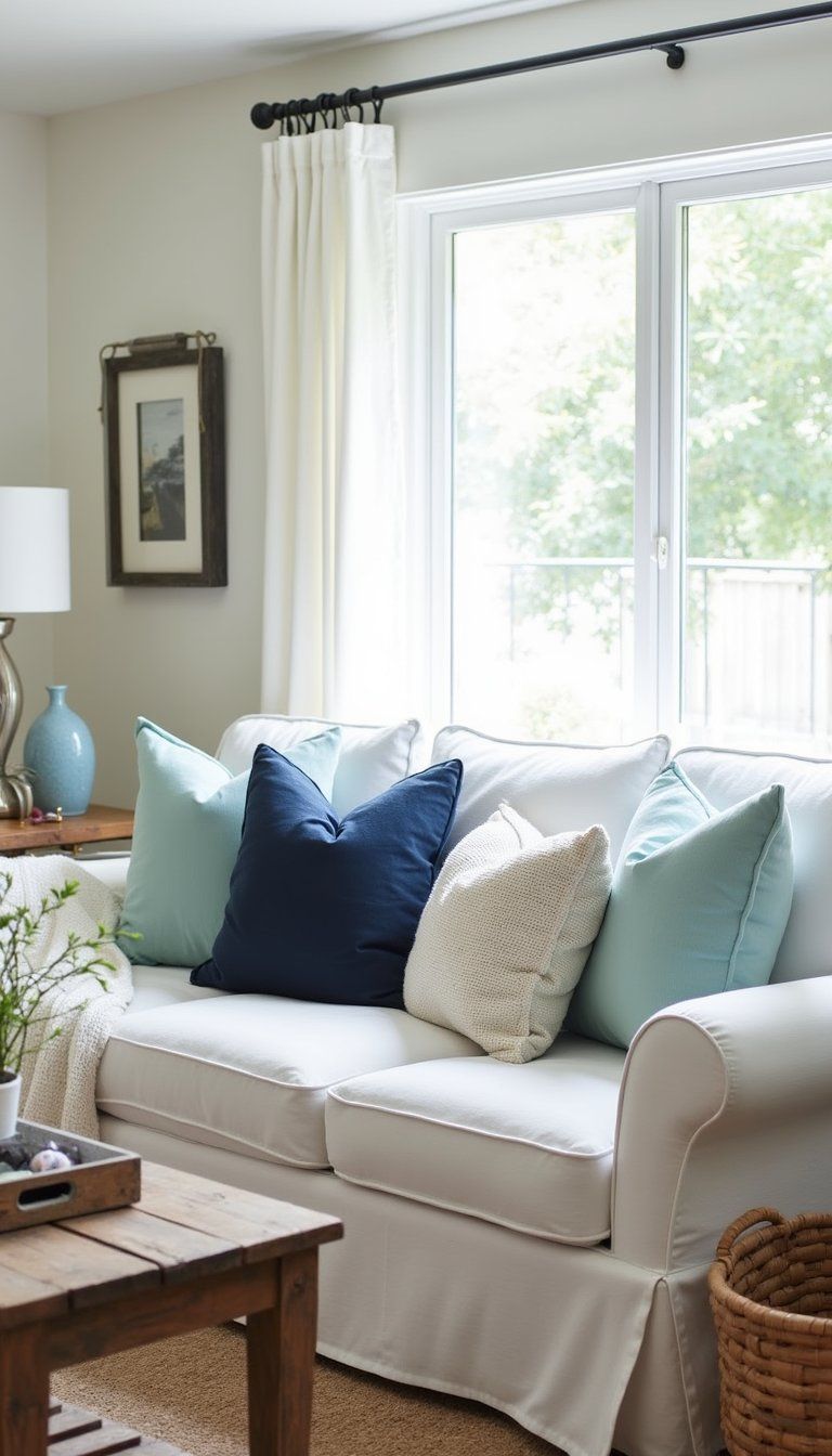 Slipcovered White Sofa With Nautical Throw Pillows