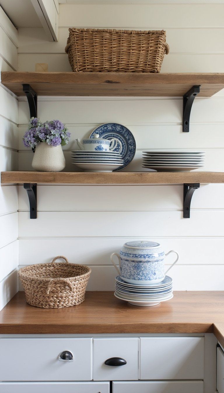 Open Shelving With Wicker Baskets And Earthenware