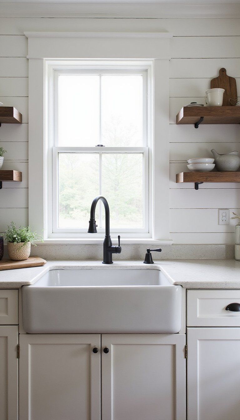 Shiplap Backsplash Paired With Whitewashed Counters