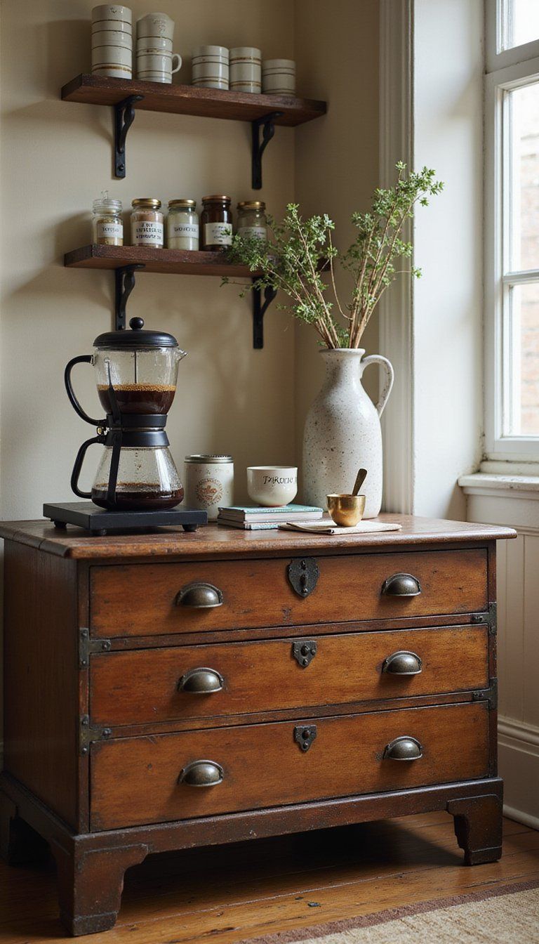 Vintage Tea Chest Turned Cozy Coffee Station