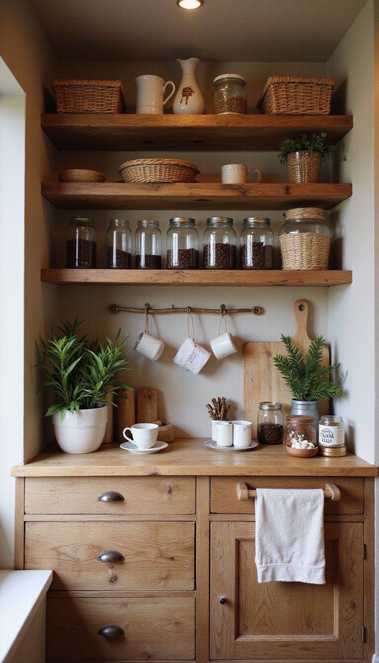 Warm Wooden Coffee Nook With Open Shelving