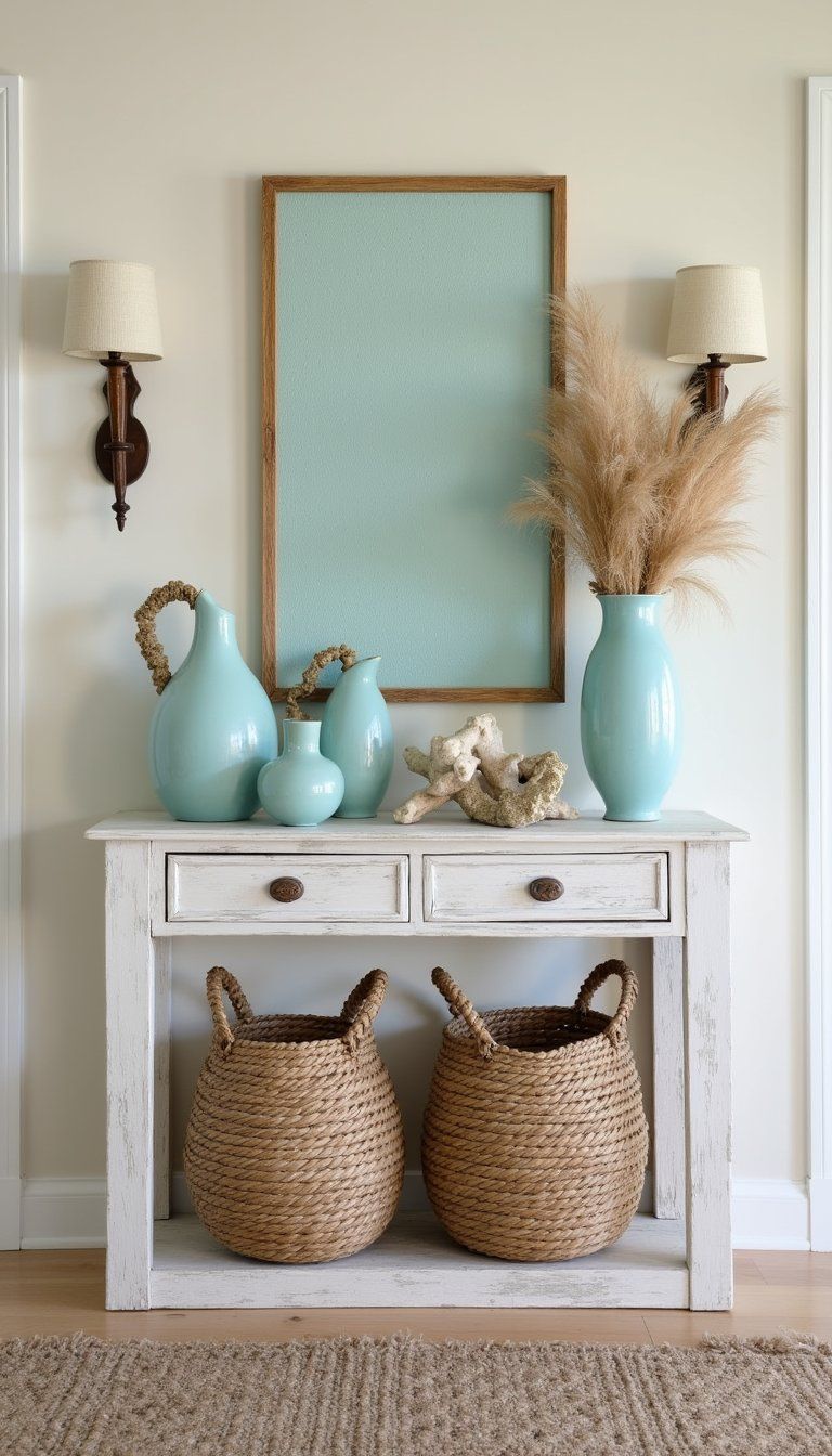 Coastal Console With Driftwood And Sea Hues