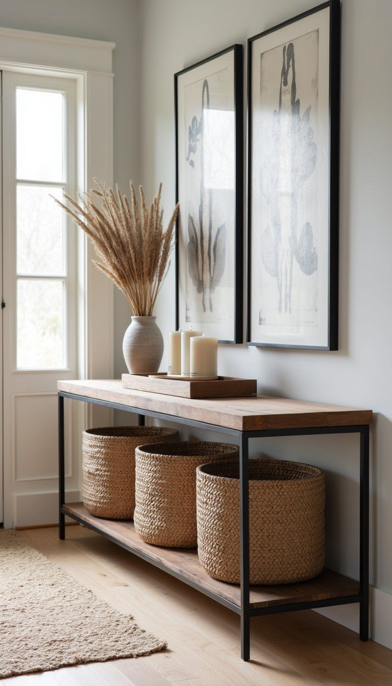 Under-Console Storage With Neat Woven Baskets