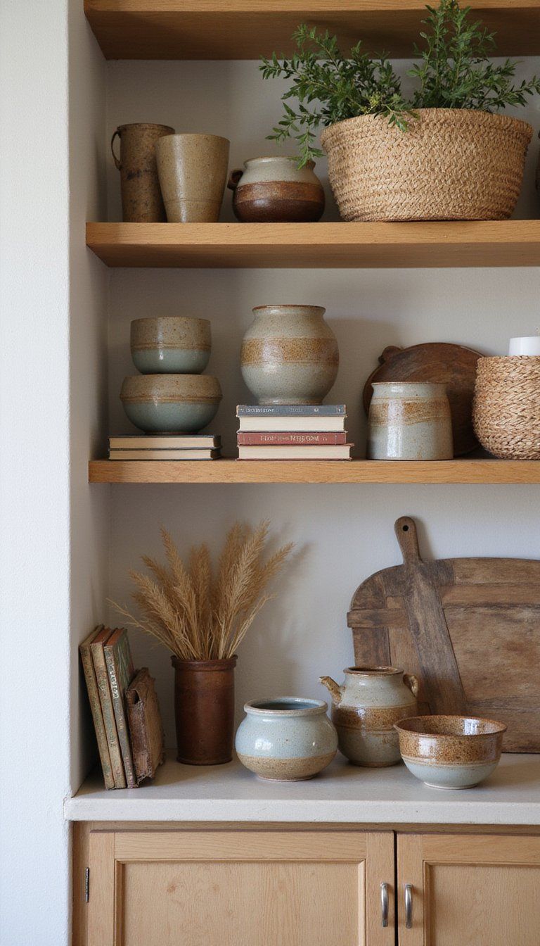 Handcrafted Pottery Groupings On Open Shelves