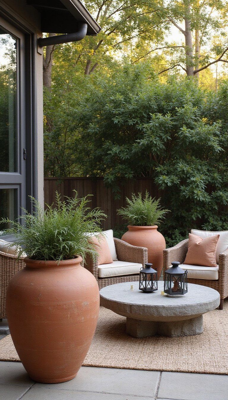 Outdoor Patio With Clay Planters And Lanterns