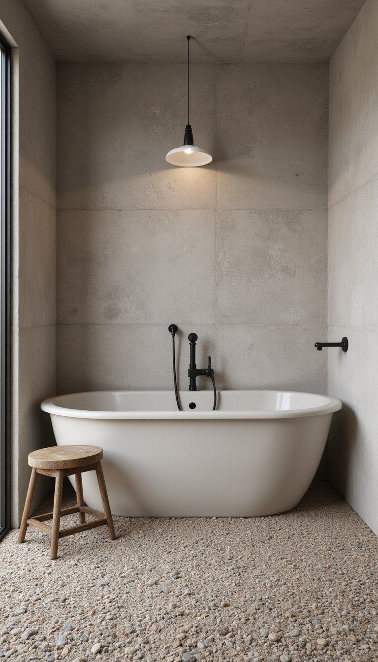 Pebble-Tiled Bathroom Floor With Matte Fixtures