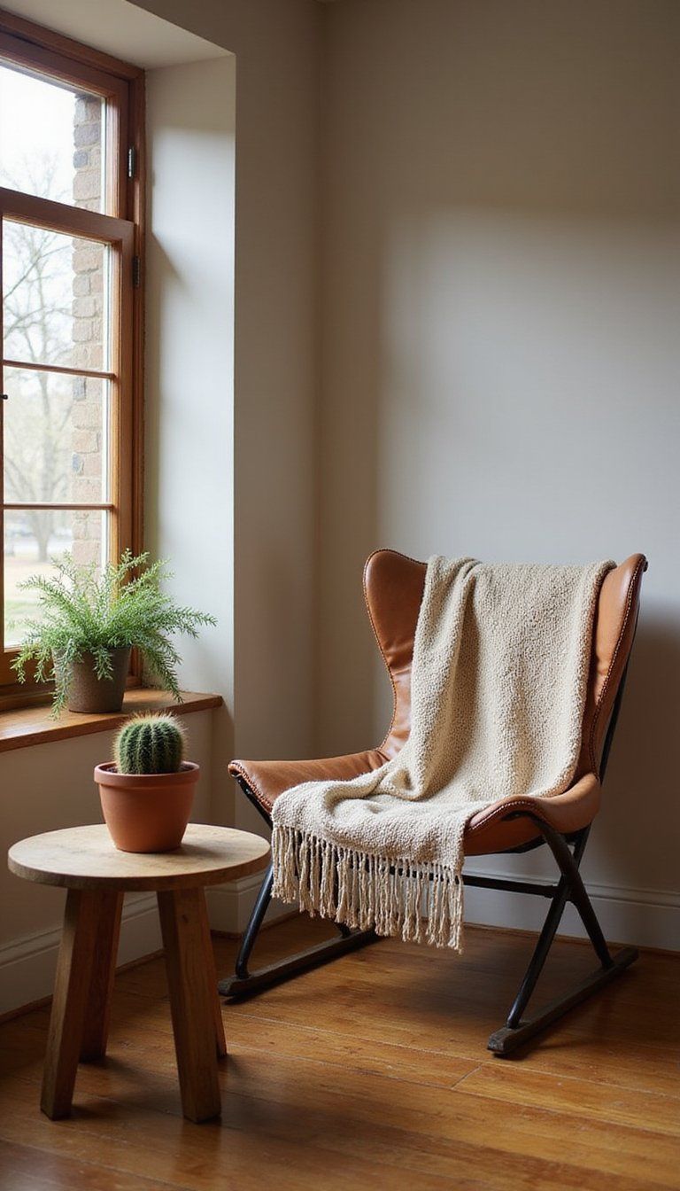 Vintage Leather Sling Chair And Throw Combo
