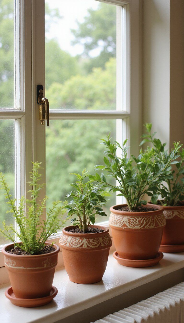Painted Terra Cotta Planter With Patterned Rim