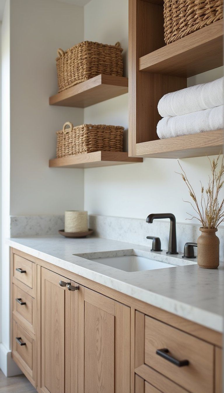 Open Shelving Vanity With Natural Textiles