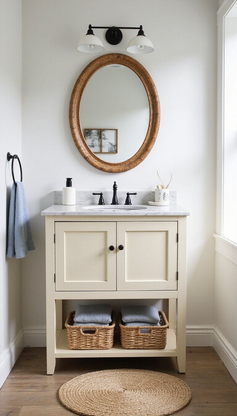 Rattan Accents For Warm Coastal Vanity Styling