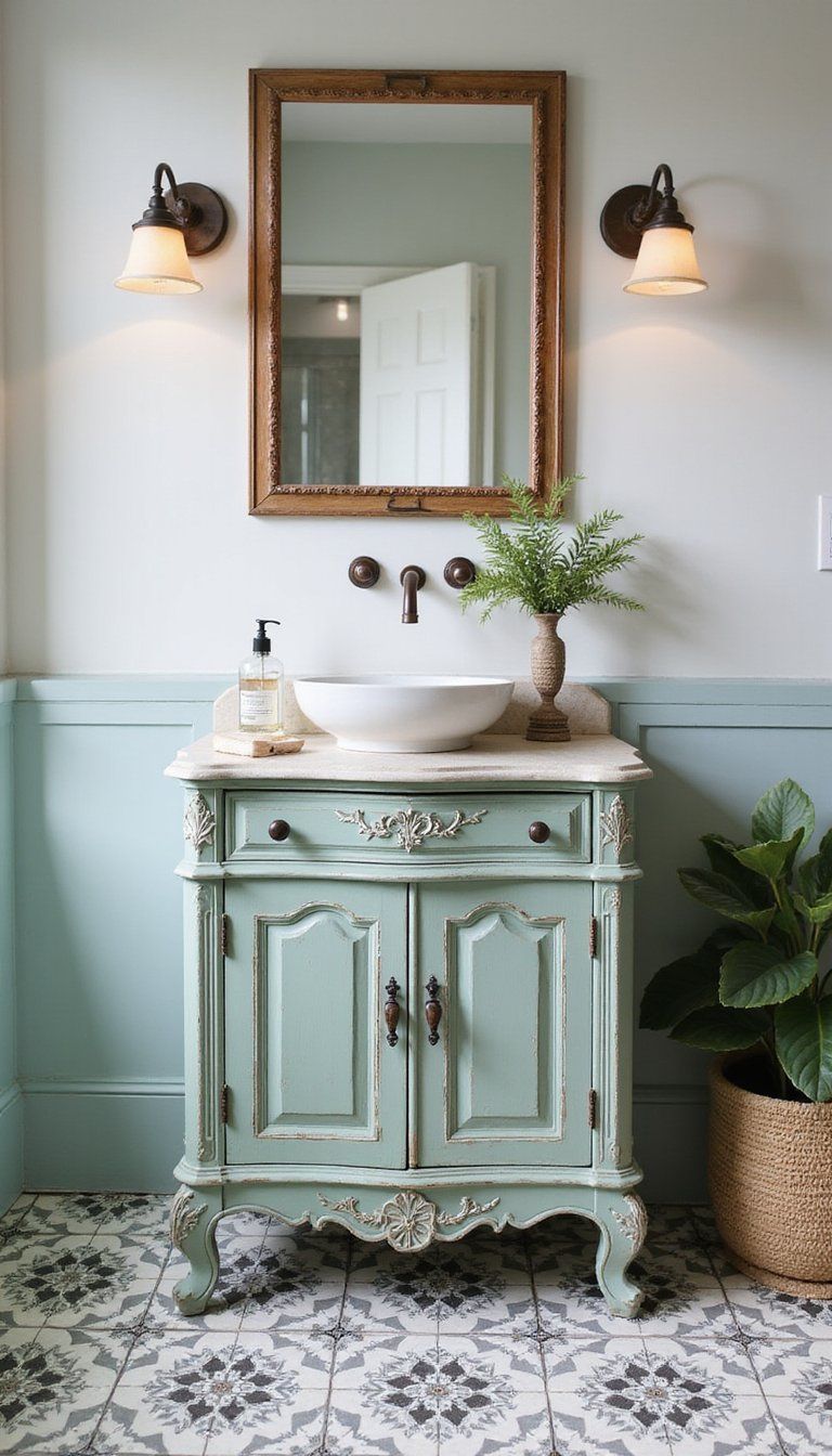 Vintage Vanity With Distressed Paint Finish