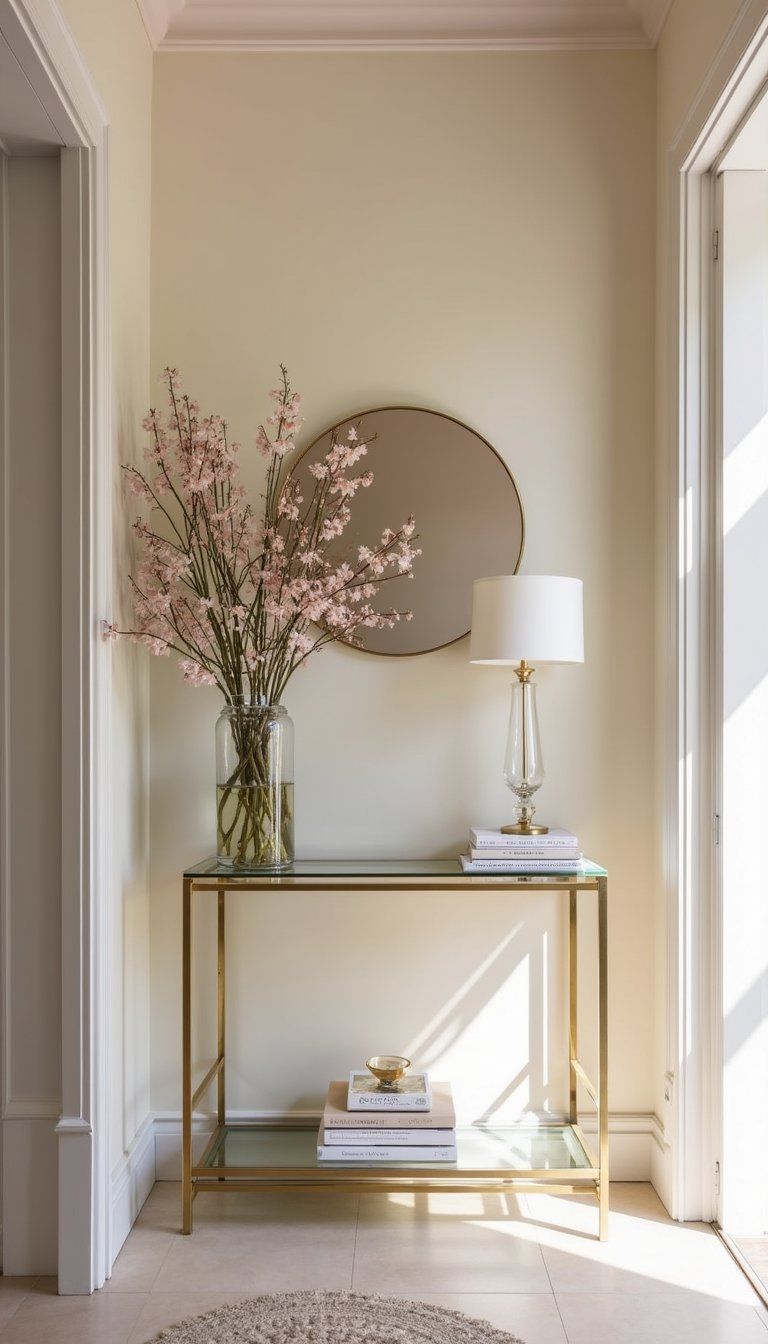 Brass And Glass Console With Fresh Flowers