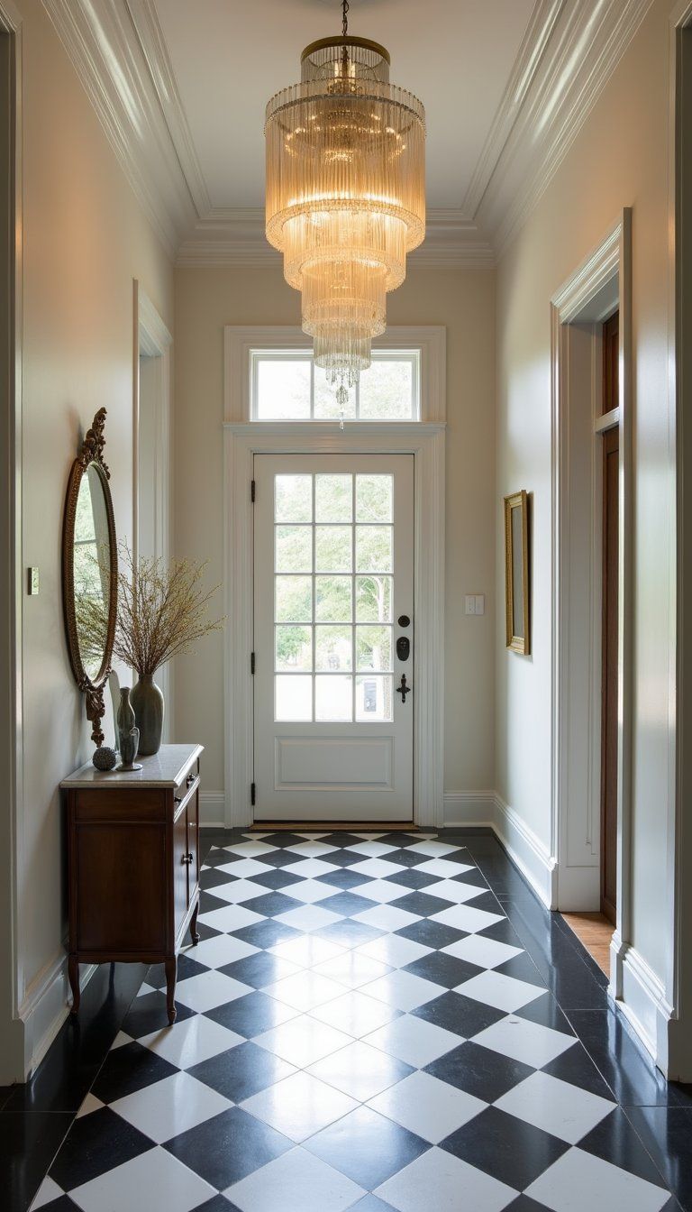 Statement Chandelier Over Checkerboard Entry Flooring
