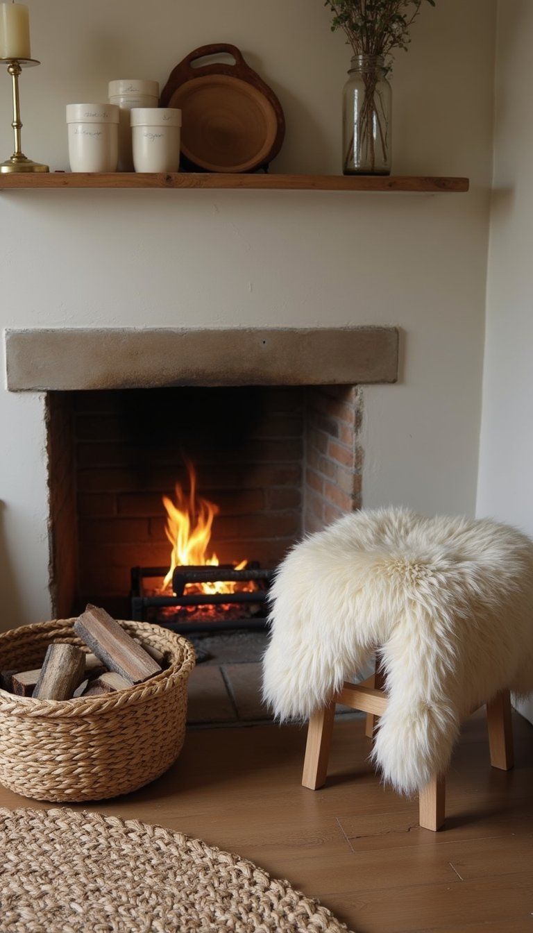 Corner Fireplace Vignette With Warm Textiles