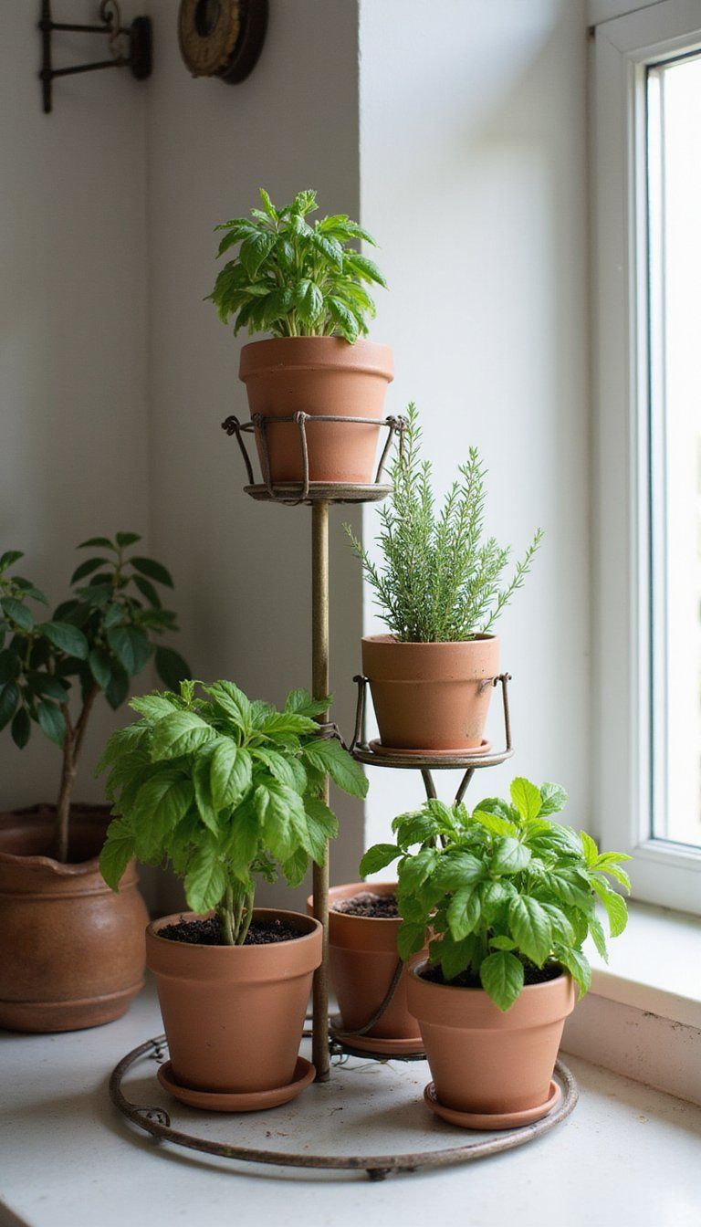 Indoor Herb Corner Garden On Tiered Stands