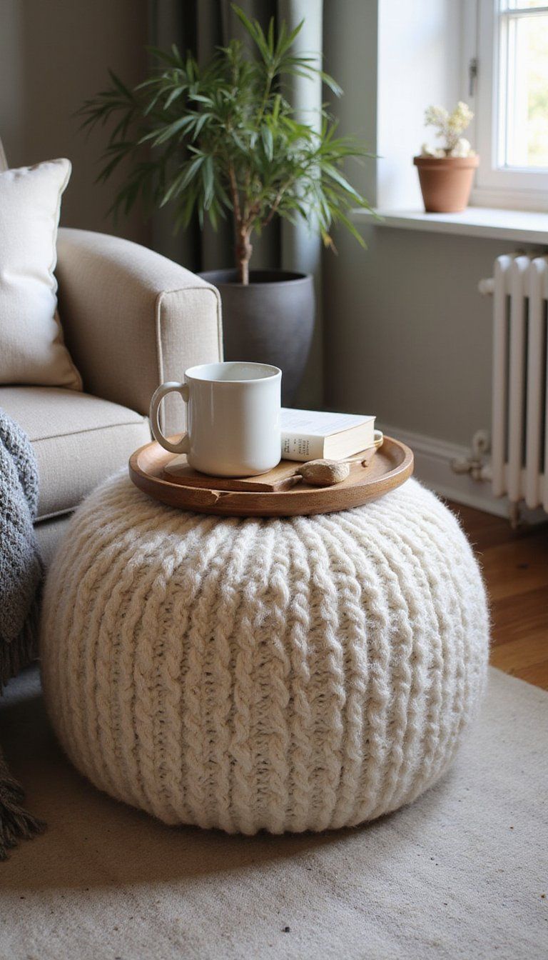 Low Pouf With Tray For Casual Corner Seating