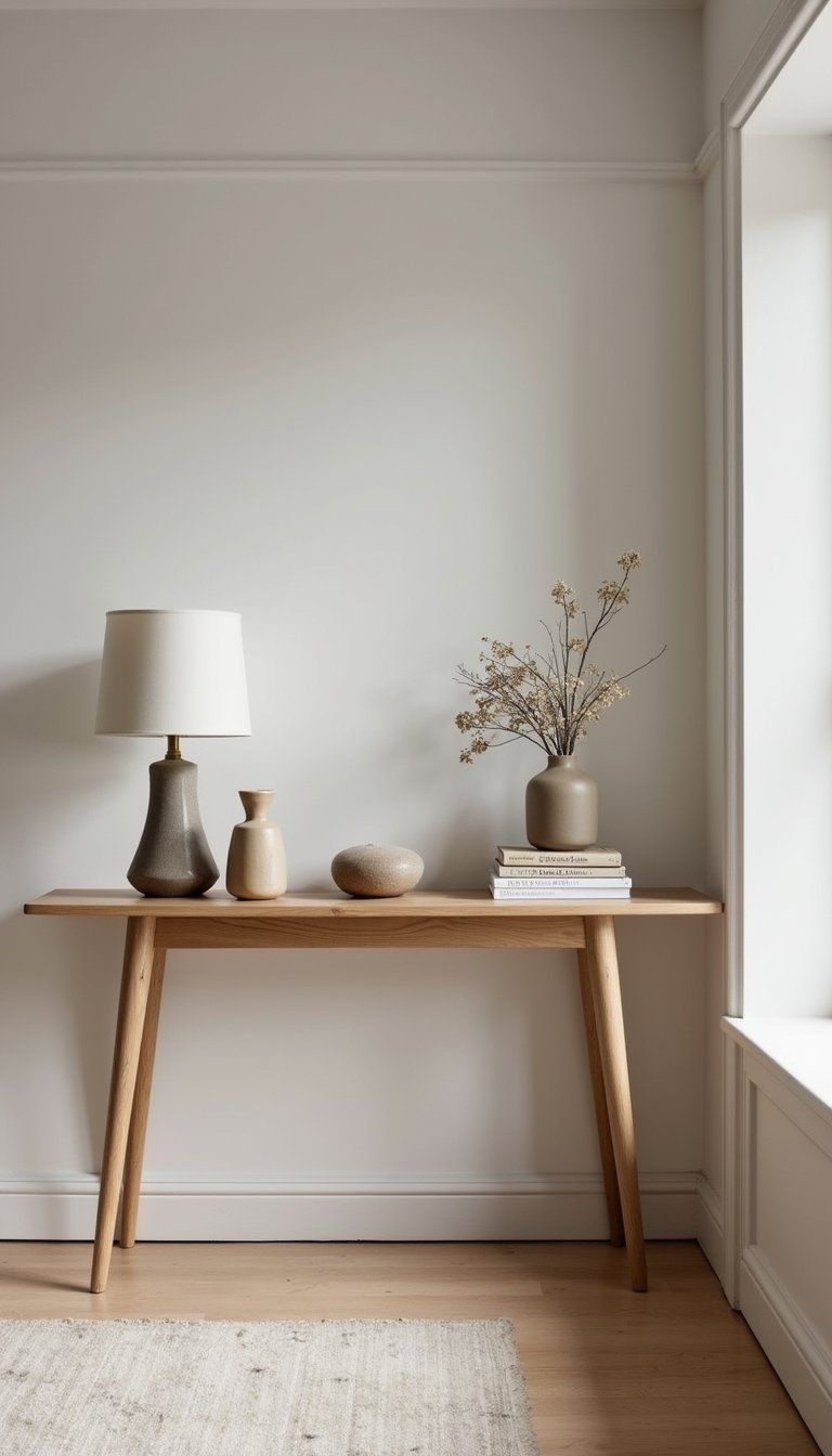 Slim Console Table With Sculptural Lamp And Vase