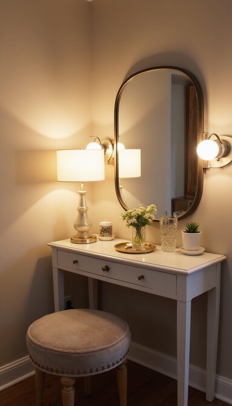 Small Corner Vanity With Round Mirror And Lights