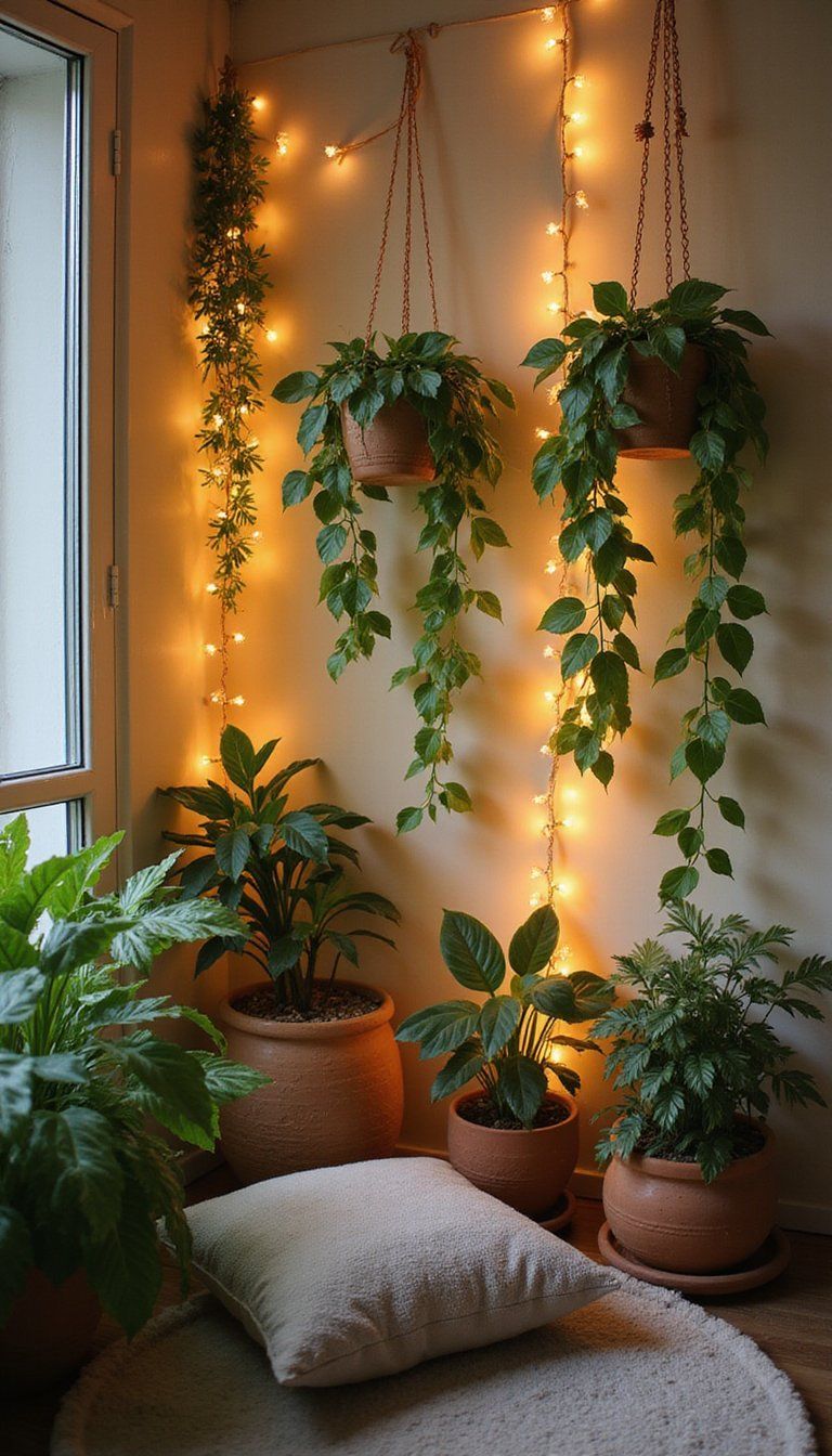 String Lights And Cascading Plants For Cozy Glow