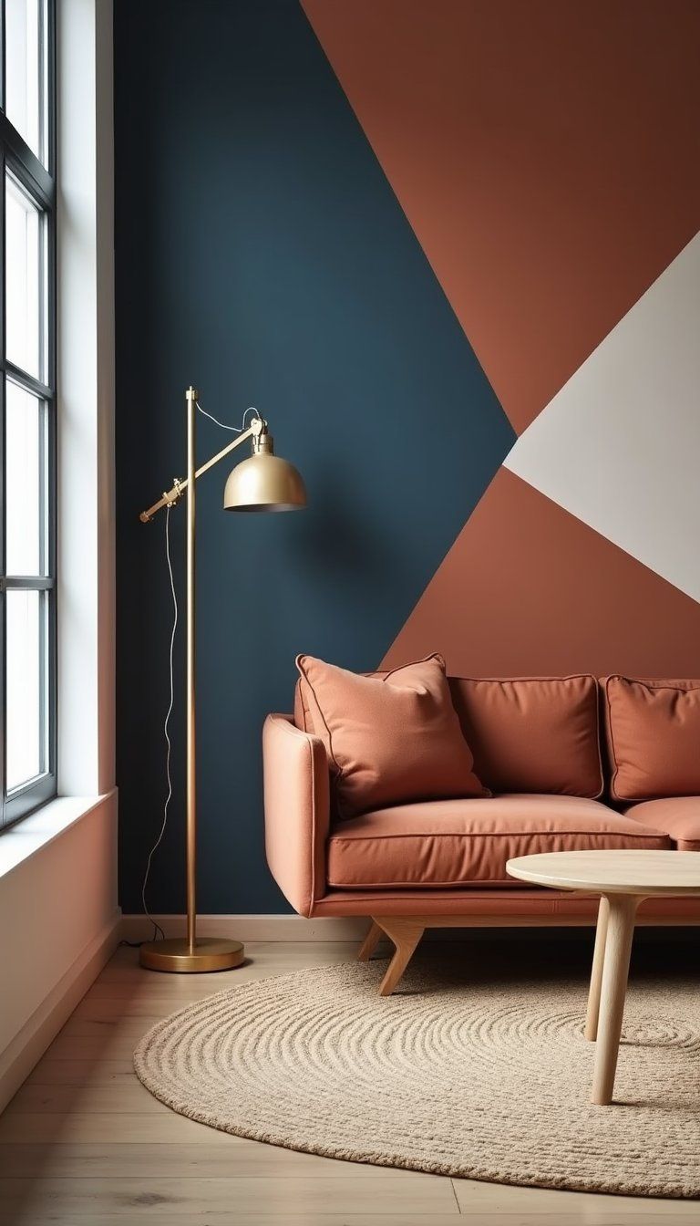 Bold Geometric Painted Accent Wall For Living Room