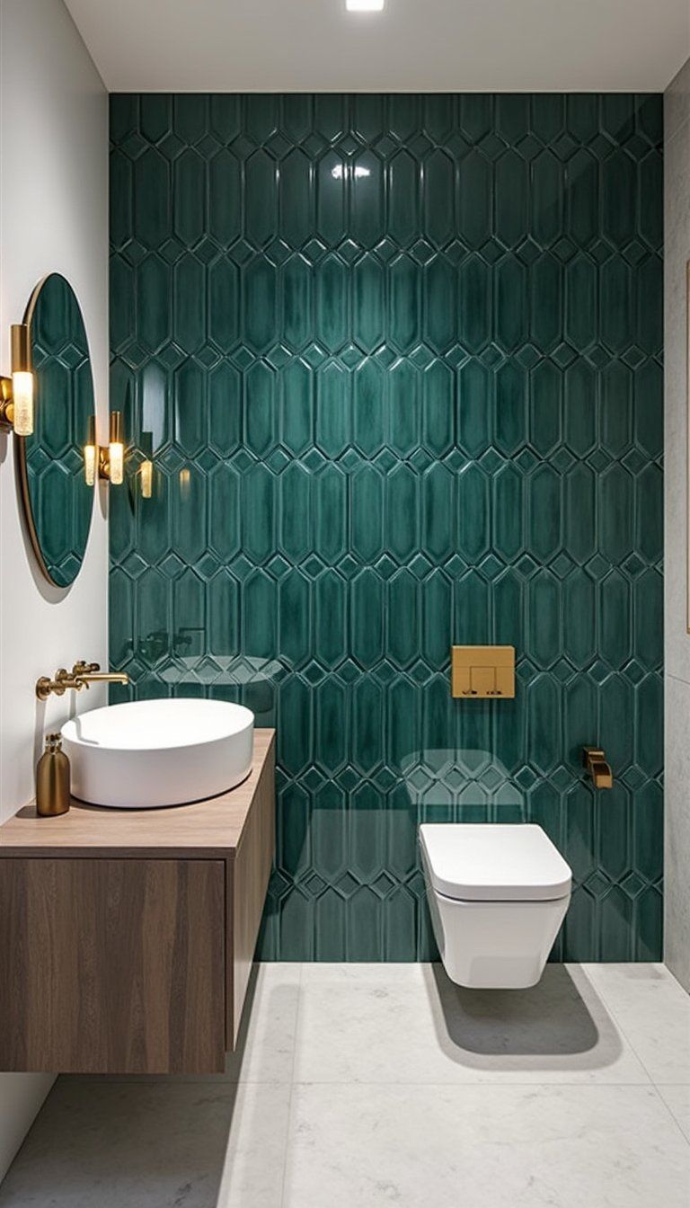 Glossy Tile Accent Wall For Luxurious Bathroom Glow