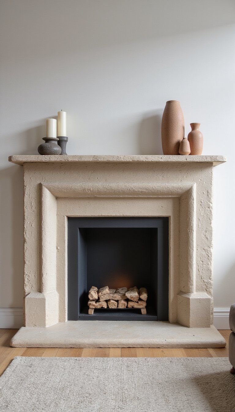 Modern Stone Hearth With Sculptural Candles And Clay