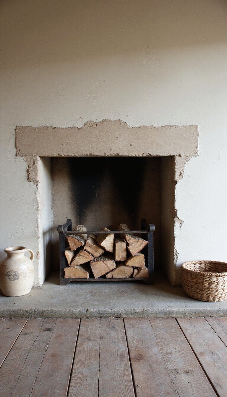Rustic Farmhouse Hearth With Woven Textures And Pottery