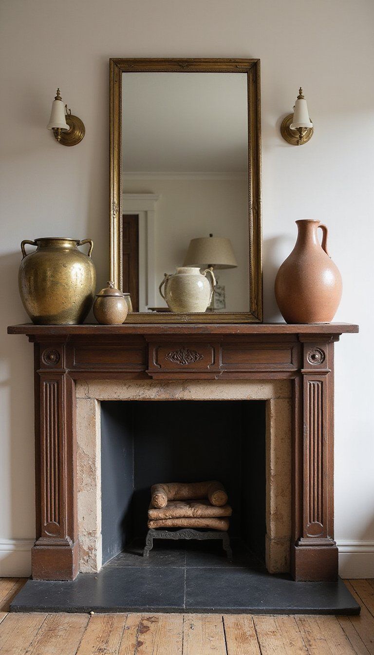 Vintage Mantel Vignette With Mixed Metals