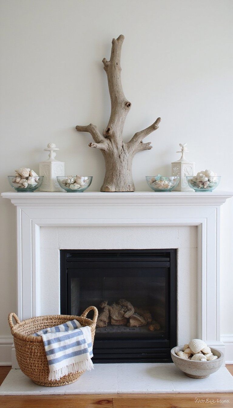 Coastal Seashell Mantel With Driftwood Accents