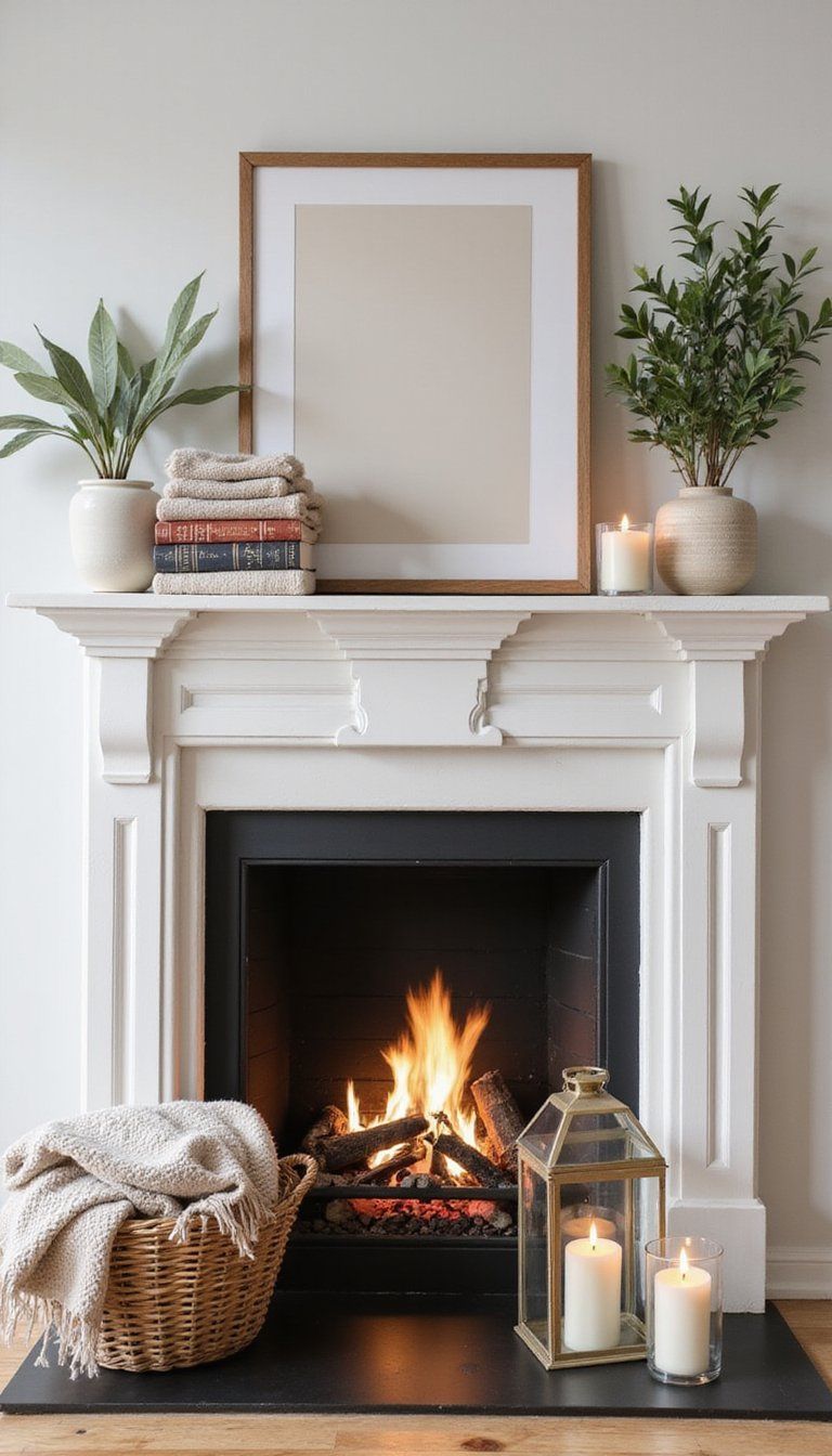 Cozy Hygge Mantel With Pillows And Throws