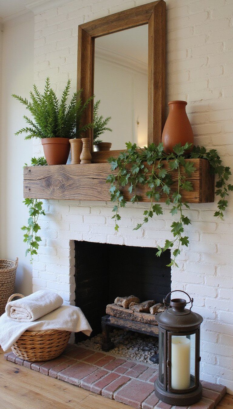 Rustic Wood Mantel With Lush Greenery