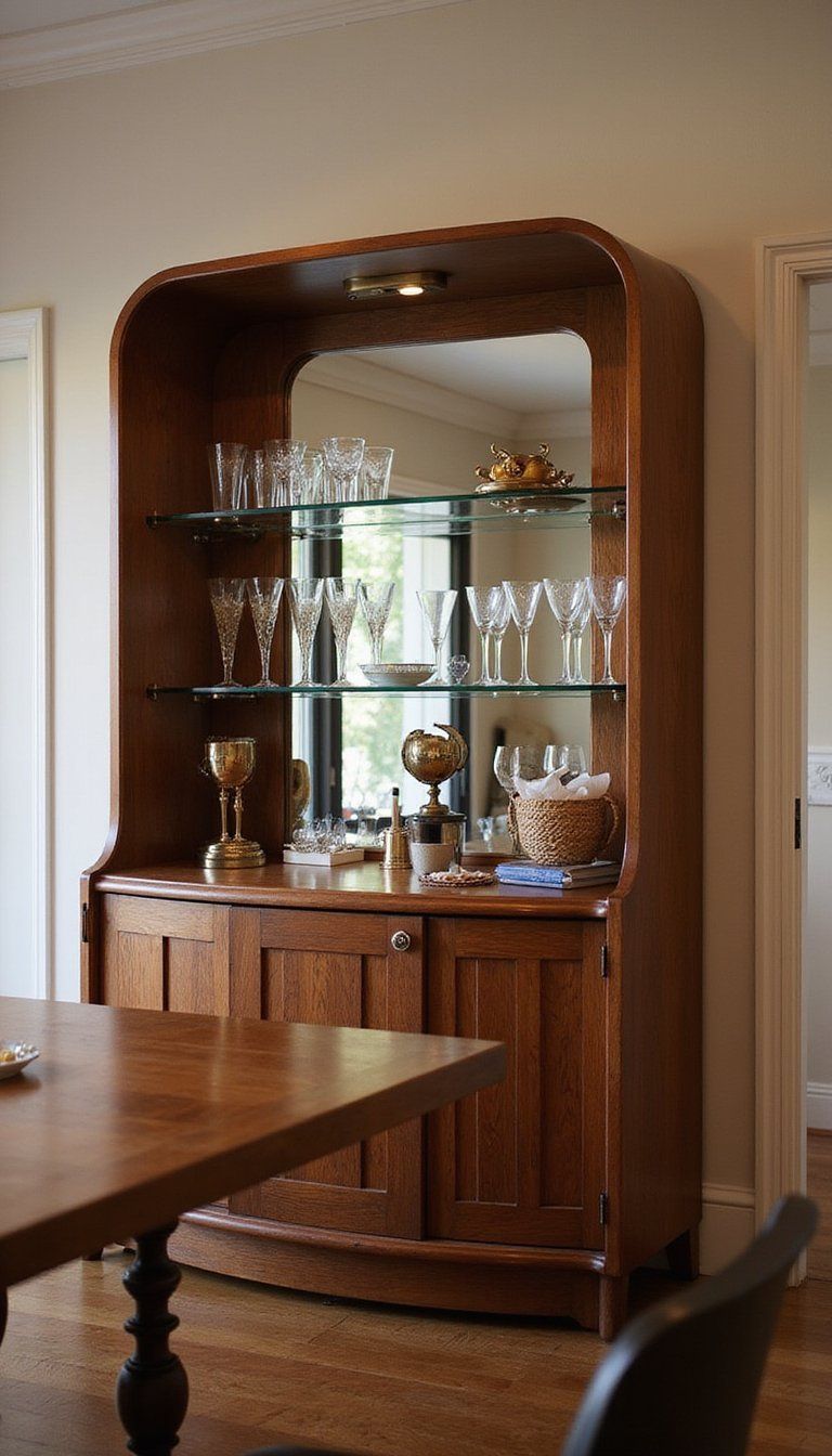 Rounded Fluted Bar Cabinet With Mirrored Back