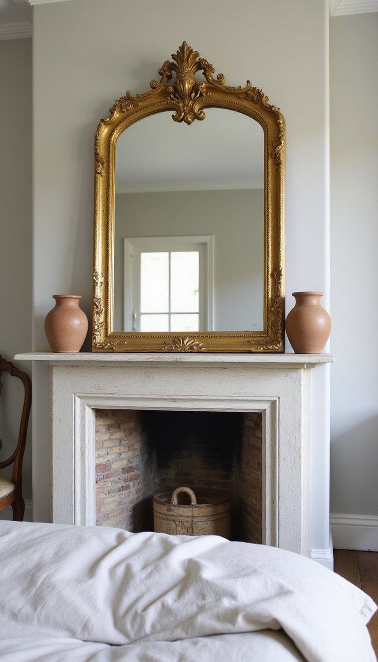 Antique Mirror Above A Weathered Mantel