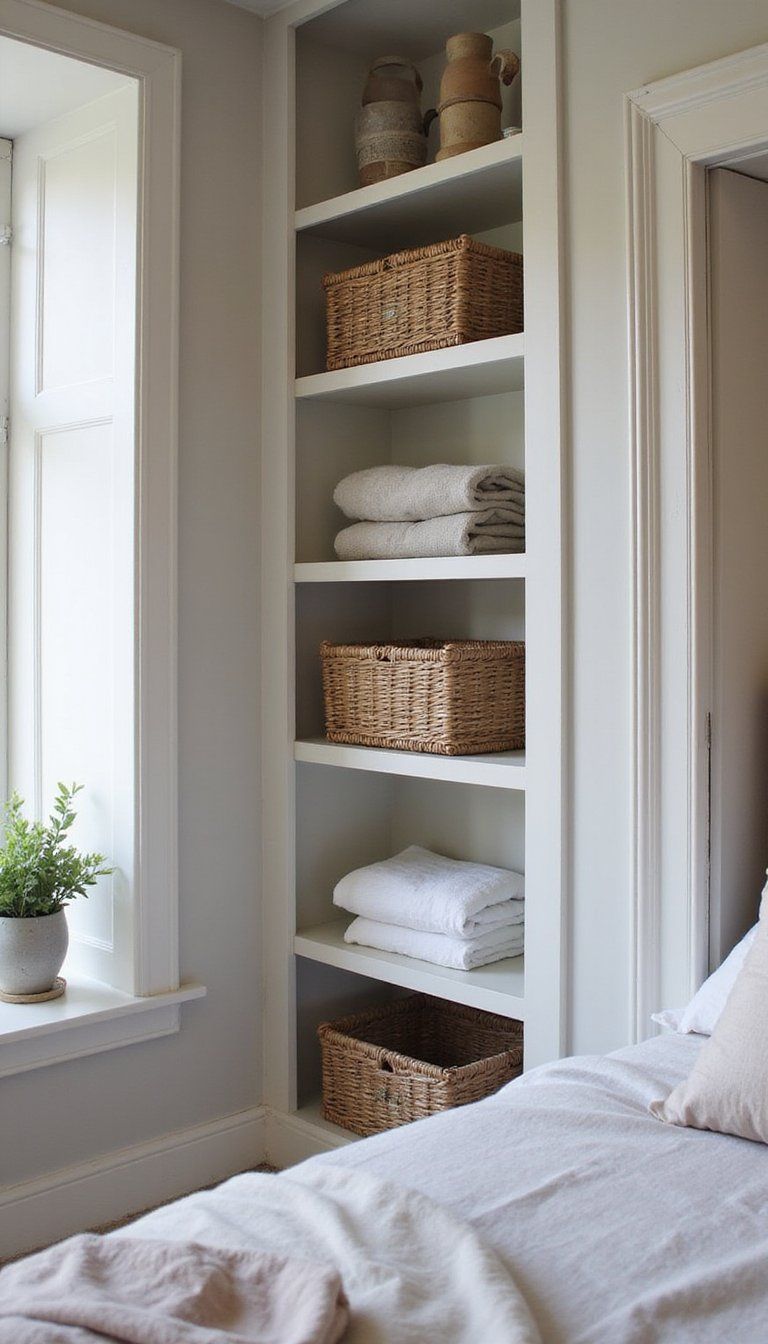 Built-In Shelves Styled With Wicker Baskets