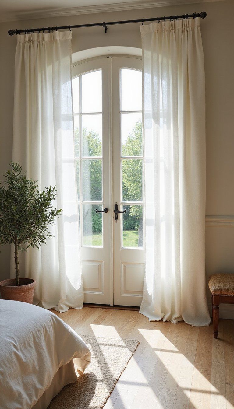 Classic French Doors With Sheer Cotton Curtains