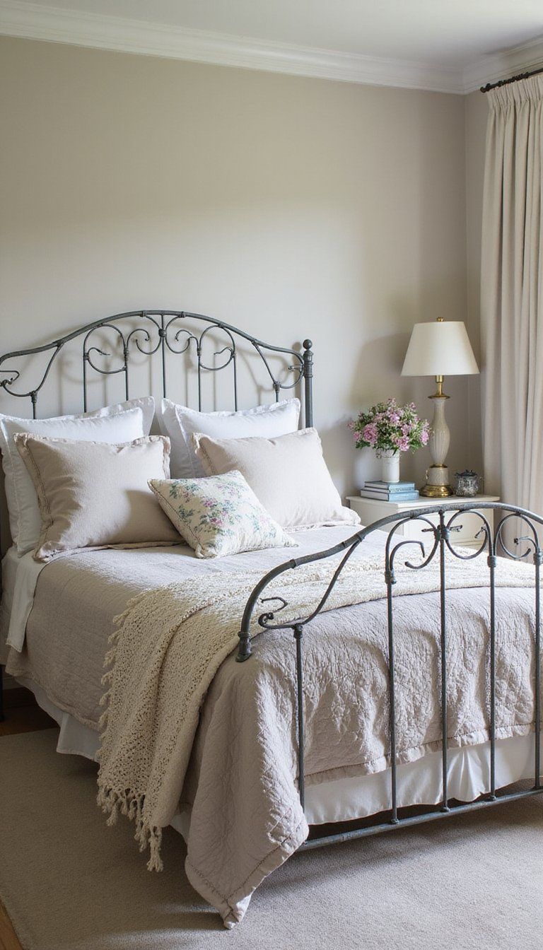 Curved Wrought Iron Bed With Delicate Scrolls