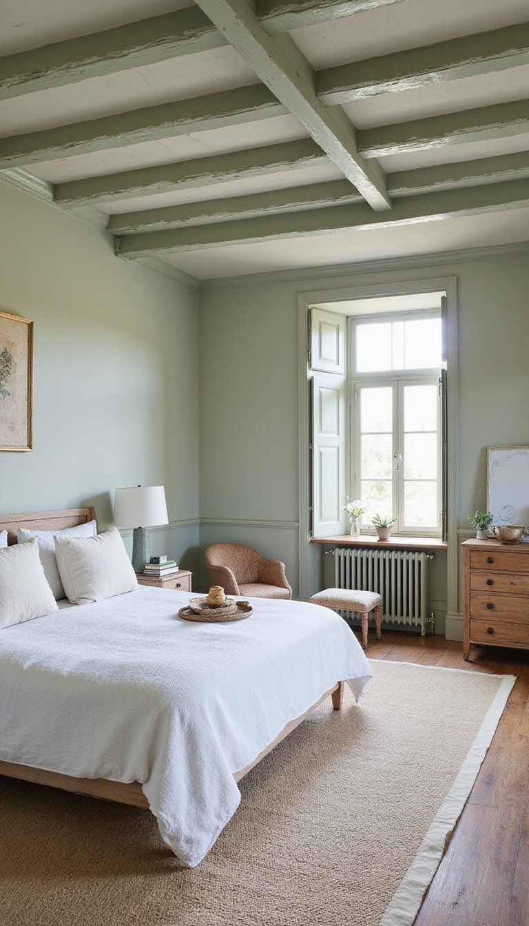 Exposed Ceiling Beams With Soft Pastel Paint